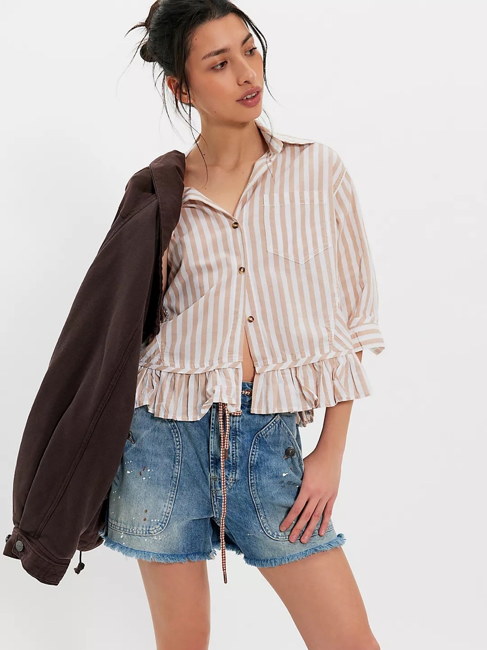 Free People Bailey Cropped Striped Button-Up Shirt Beige & White Size Large NWT
